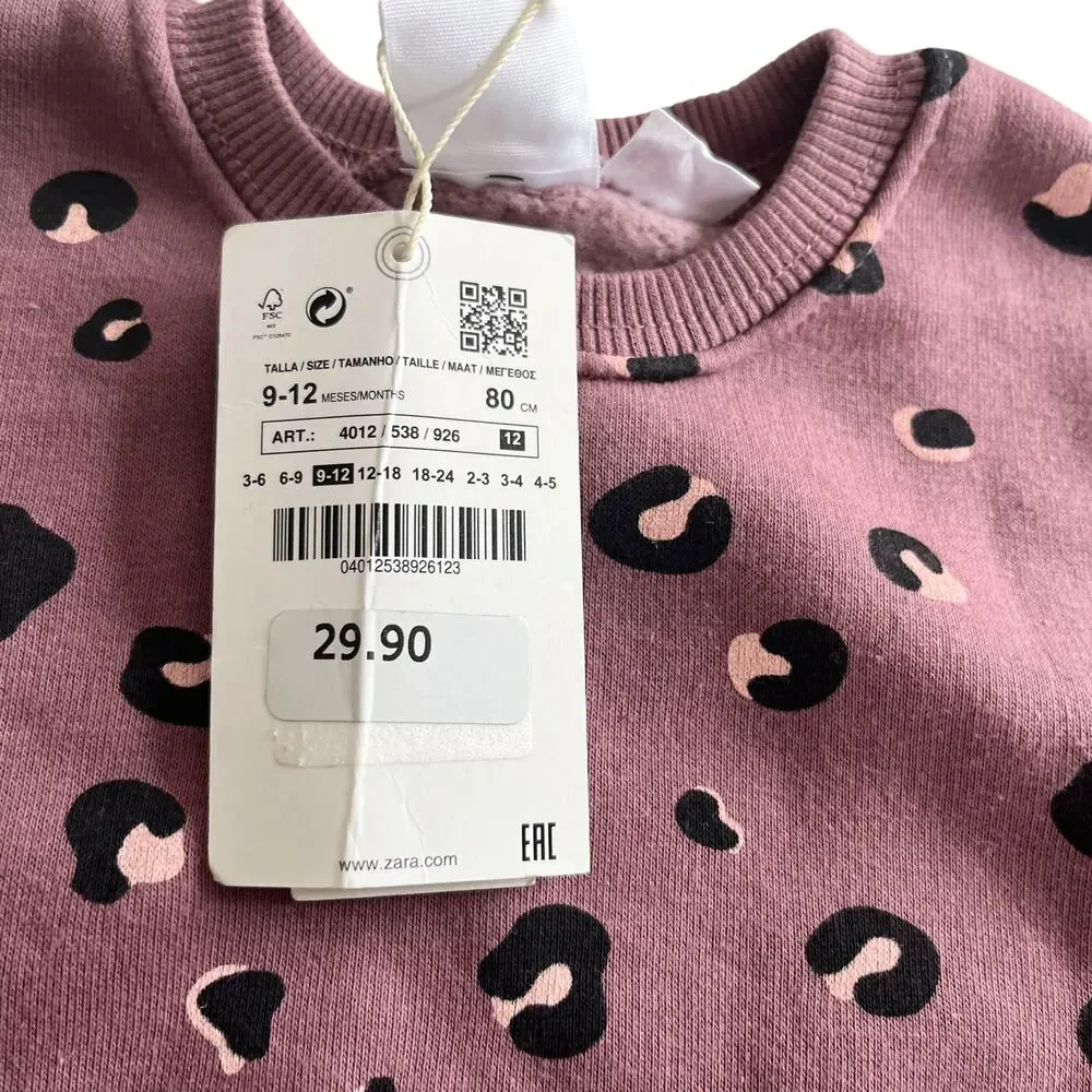 Zara girls mauve animal print sweatshirt size 9-12 months NWT